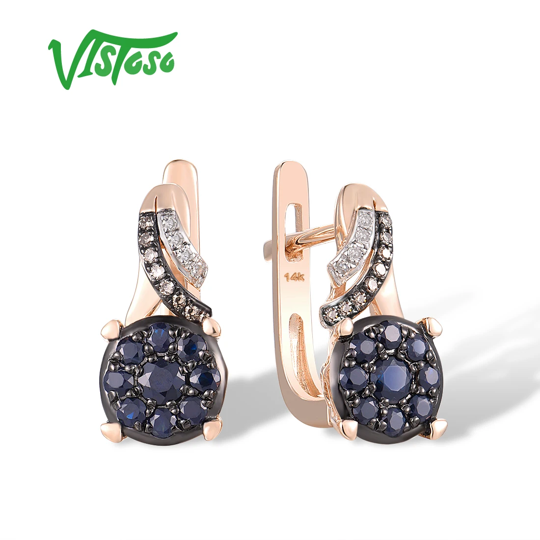 

VISTOSO Genuine 14K 585 Rose Gold Earrings For Women Sparkling Blue Sapphire Diamond Brown Diamond Classic Earrings Fine Jewelry