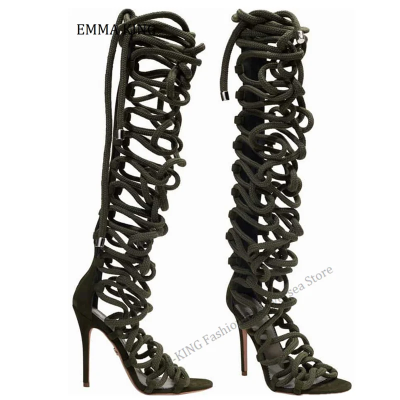 Sexy Summer Thigh High Gladiator Sandal Boot Peep Toe Gladiator Lace-Up Sandals Boots Female Thin High Heel Summer Sandals Boots