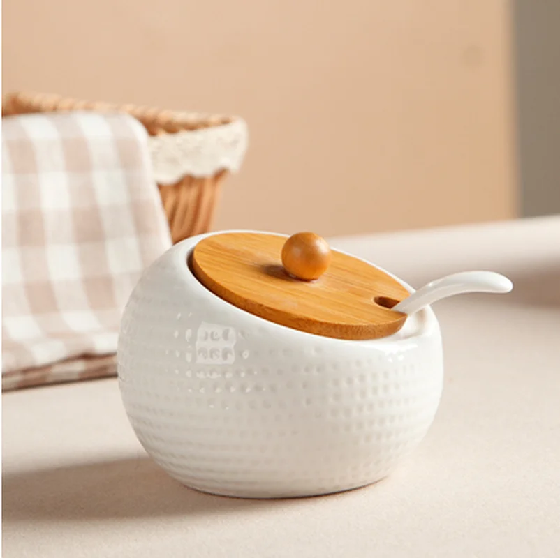 Ceramic Seasoning Jar Household with Spoon Wooden Lid Seasoning Jar Soy Sauce Box Sugar Salt Jar Chili Jar Kitchen Storage Tool