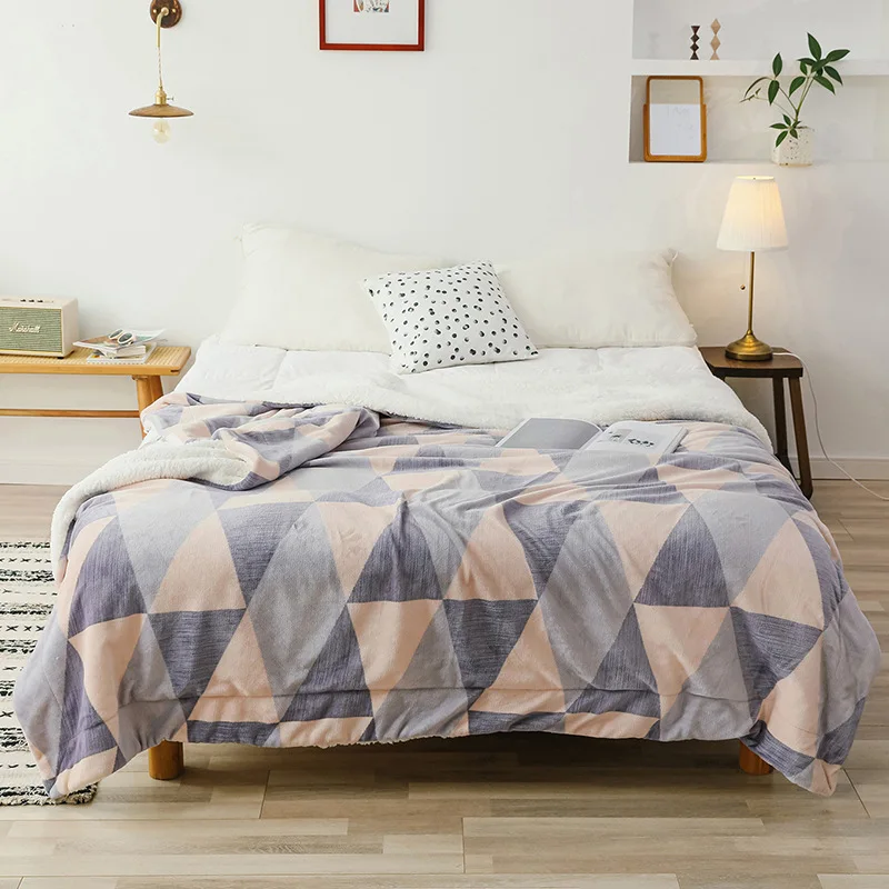Double Layer Lamb Fleece Blanket for Bed Winter Warm Coral Fleece Throws for Single Queen Plaid on the Sofa Bed Bedspread