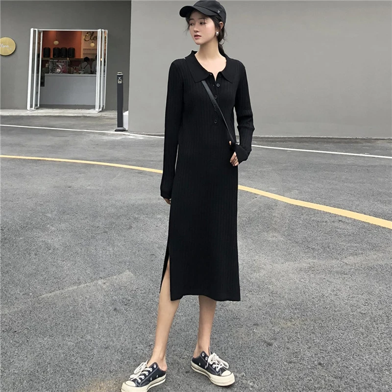 

Harajuku Women Long Dress 2019 Autumn Ladies Dresses Doll Collar Single Breasted Wind Knit Maxi Dress