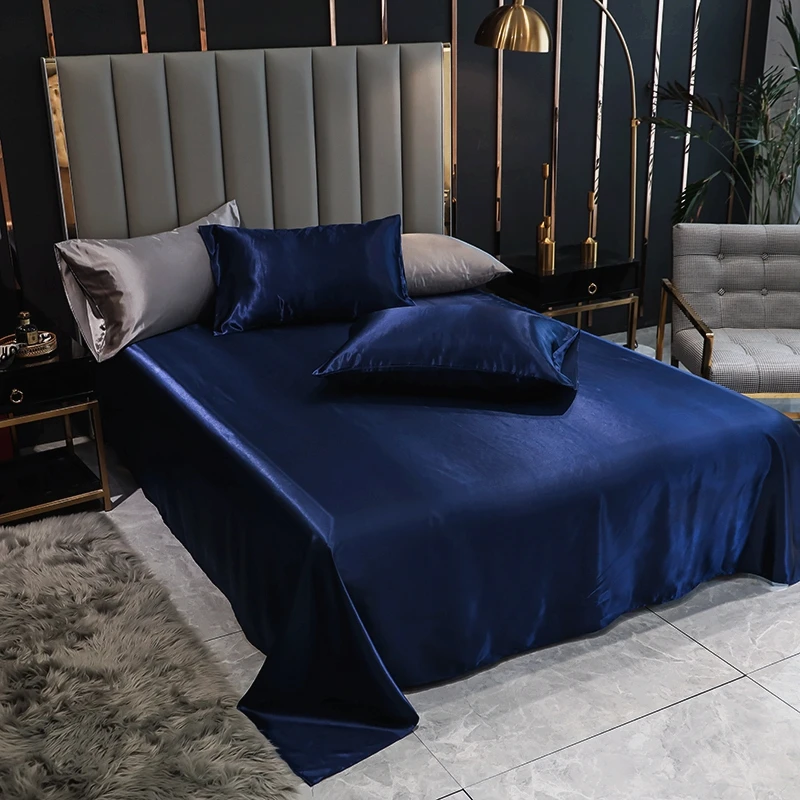 JuwenSilk 1pc Bed Linen Satin Blue Solid Color Smooth Queen Size Flat Bed Sheet King Top Sheet for Beds(pillowcase need order)