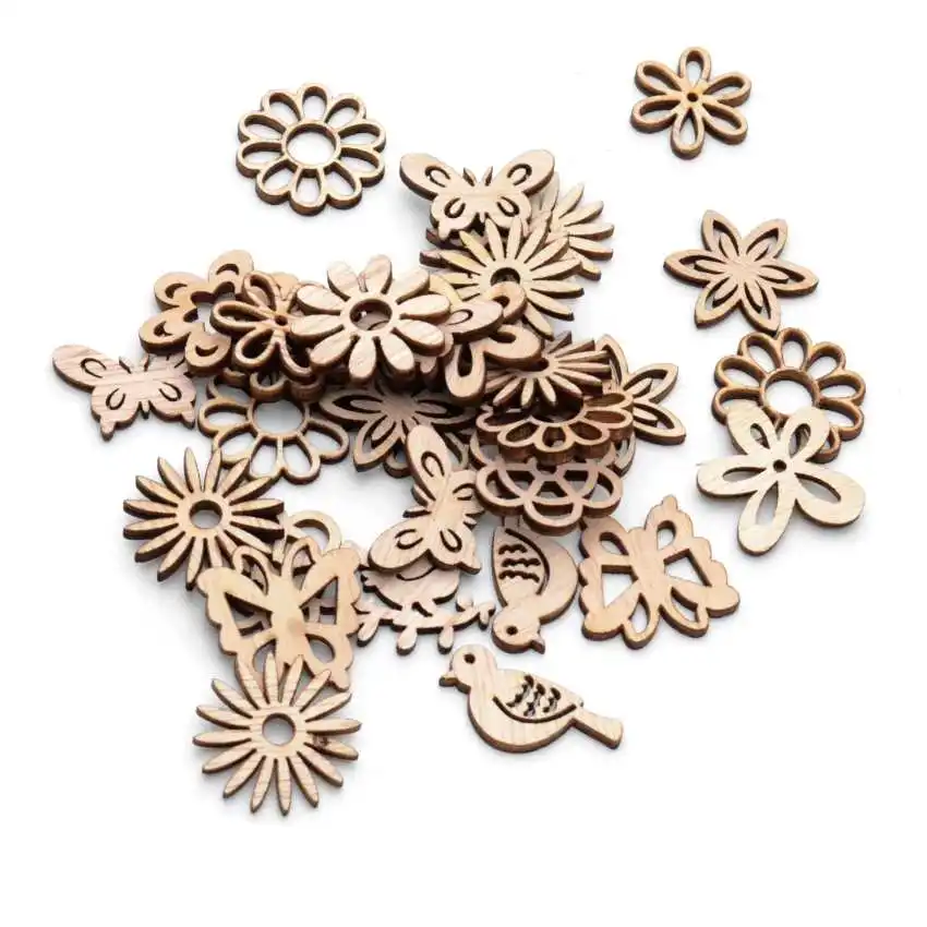 Best Quality 25Pcs Flatback Wood Craft Decoration Promotions Scrapbooking Embellishments Mixed Flower Styles Pendants 23-25mm