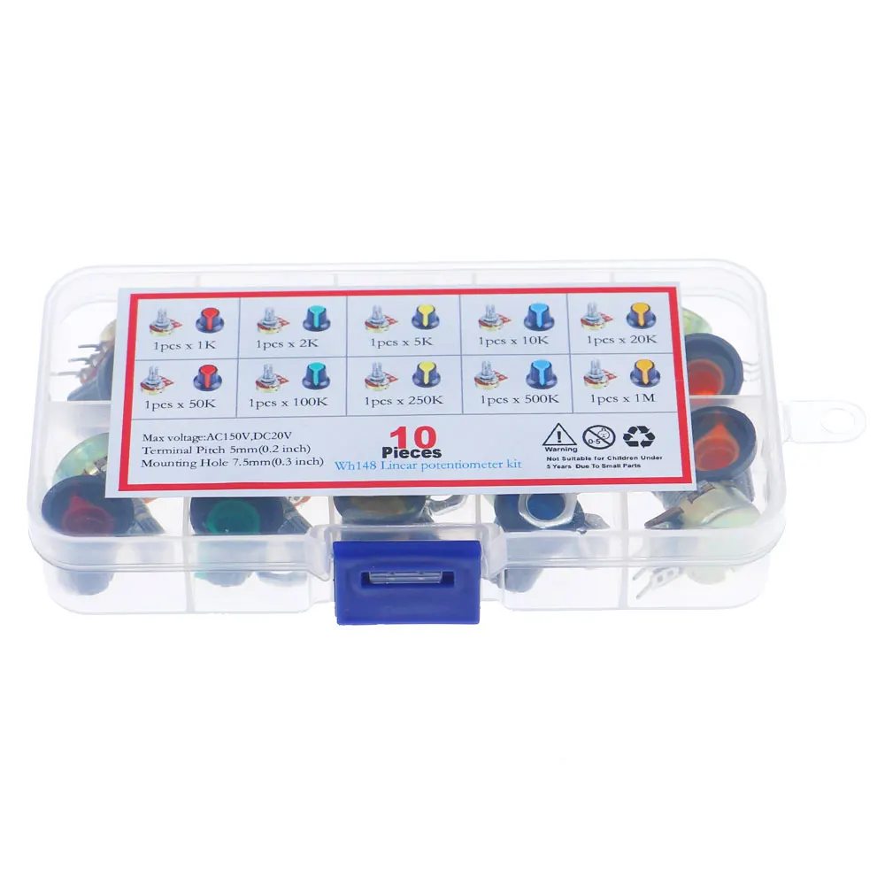 10Pcs WH148 Single Potentiometer Kit box B1K/B2K/5K/10K/20K/50K/100K/500K/1M with knobs Single potentiometer set Shaft Nuts