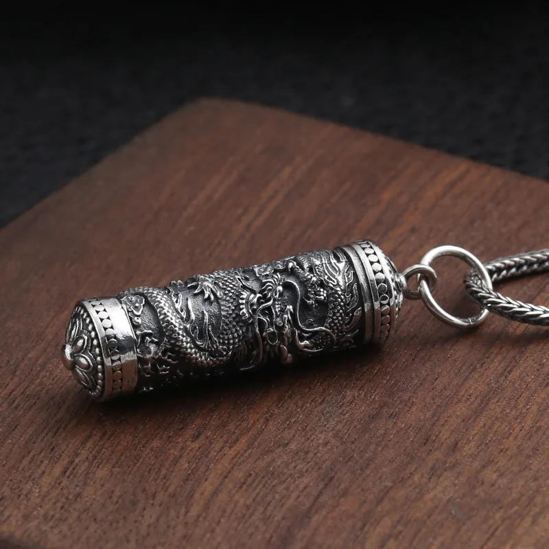 S925 Sterling Silver Vintage Thai Silver Ancient Tube Jewelry Engrave Dragon Design Men Memorial Pendant Holder Ash Urn Necklace