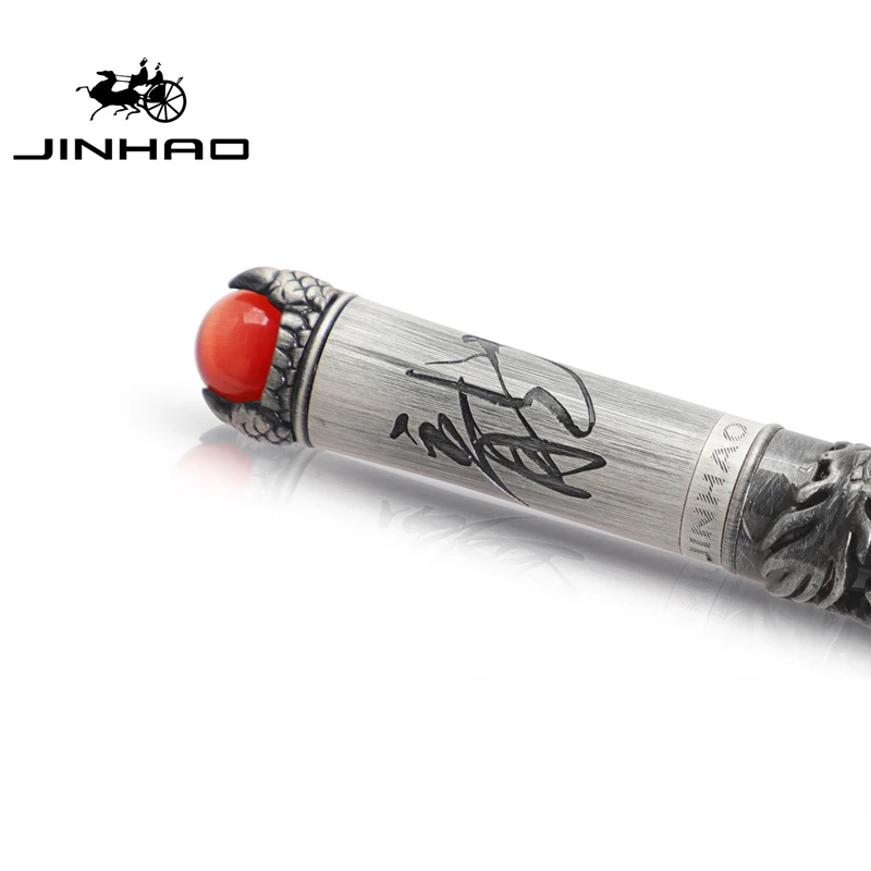 Jinhao Dragon King Ancient Roller Ball Pen Unique Metal Embossing Hi-tech, Gray & Red For Business Writing Gift Pen New