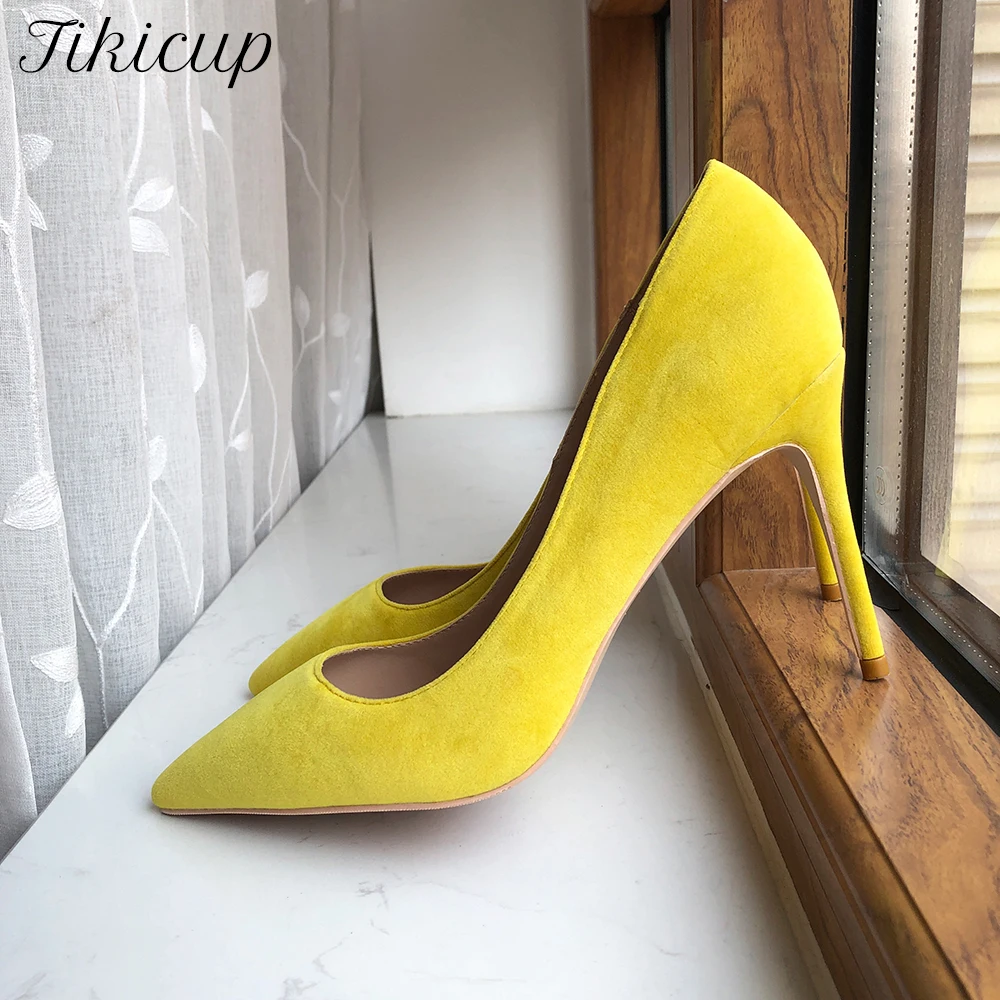 

Tikicup Women Solid Yellow Flock Pointed Toe Stilettos High Heels Chic Ladies Fashion Pumps Slip On Wedding Party Dress Shoes