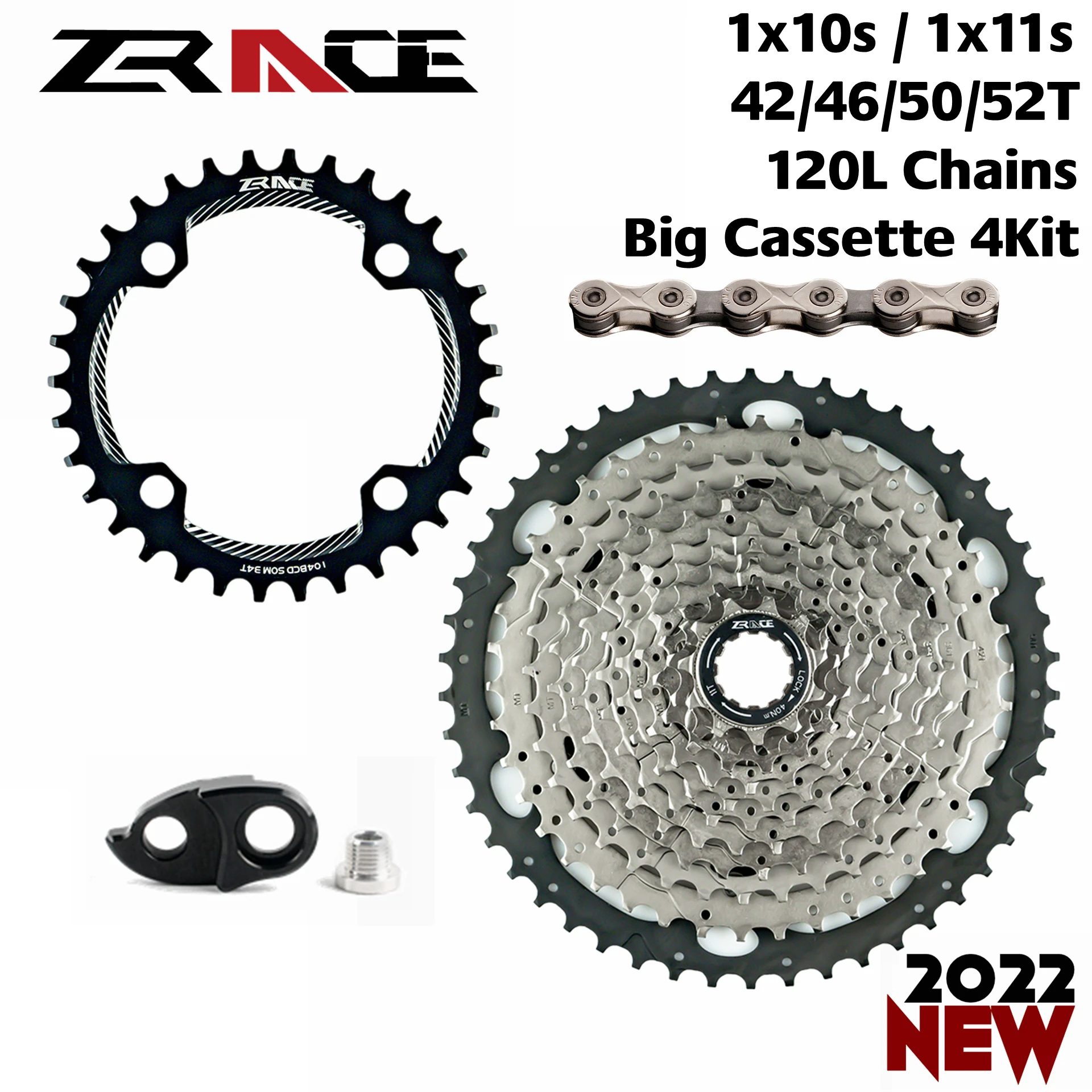 

ZRACE Chainrings 32T / 34T / 36T / 38T + Cassette 42T / 46T / 50T / 52T + Chains, 1x10 speed / 1x11 Speed Big Cassette 4kit