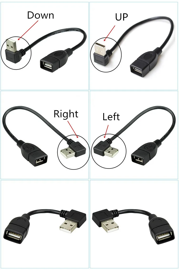 10cm 20cm 50cm USB 2.0 A Male to Female 90 Angled Extension Adapter cable USB2.0 M/F right/left/down/up Black cable cord