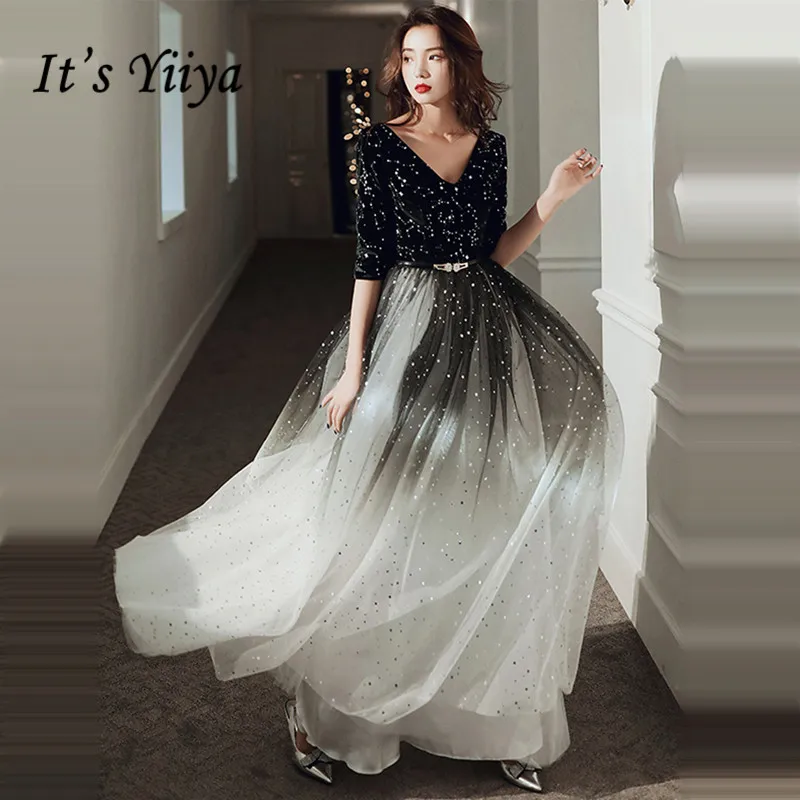 It's Yiiya Evening Dress For Women Gradient Black Shining Evening Dresses  V-neck Formal Gowns Hafl Sleeve robe de soiree LF143 - AliExpress 320