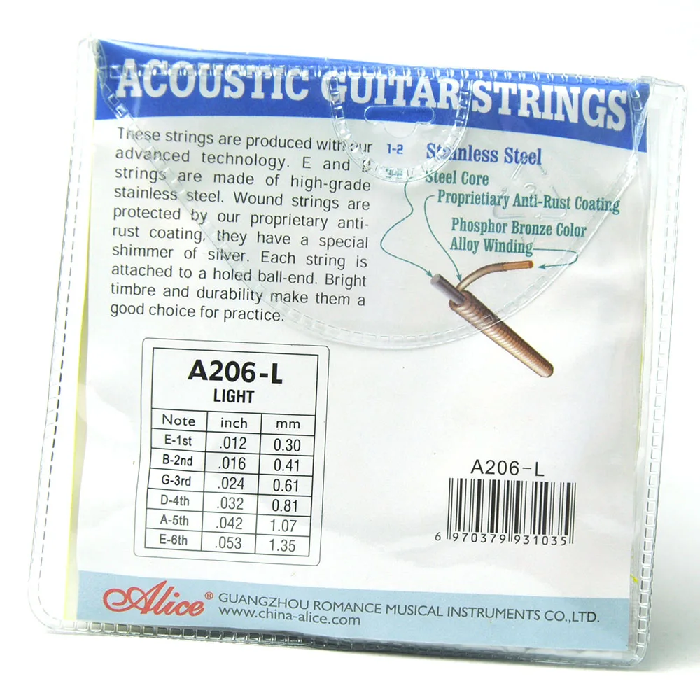 10 Sets of Alice A206 Acoustic Guitar Strings Light Super Light Stainless Steel Anti-Rust