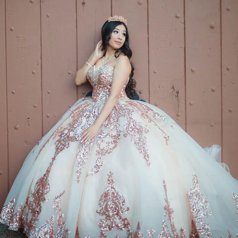 Vestidos de xv años Quinceanera sukienki z odpinany rękaw cekiny aplikacja wyszywana koralikami na bal suknia słodka 16 sukienka vestido debutante