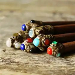 L031 Vintage Bodhi Tree Wooden Hairsticks Inlay Colorful Beads Hairpin for Ladys