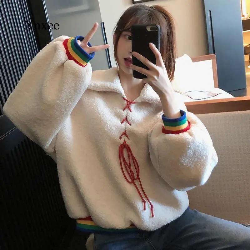 Long Sleeve Loose Womens Autumn Oversized Girls Pullover Hoodies High Street Fall Cute Rainbow Streetwear Casual Tops Sweatshirt