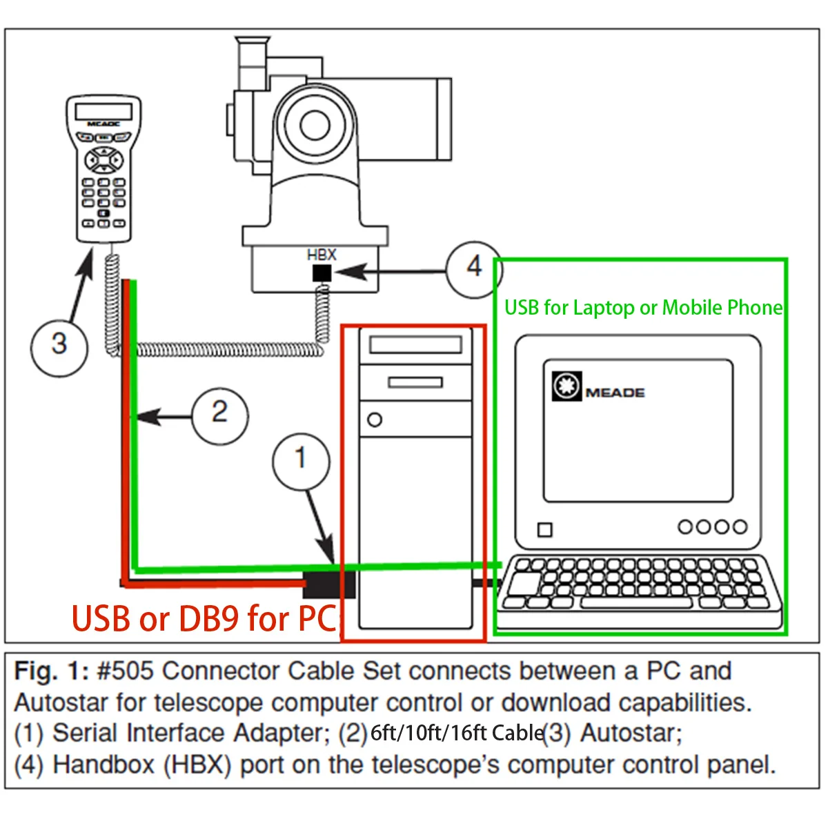 Meade 505 497 ETX-90 ETX-125 LXD75 LX80 LX90 Telescopes Hand Control Meade AudioStar Serial Cable