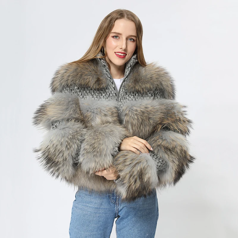 

Winter Women Short Fashion Casual Zipper Stand-Collar Real Raccoon Fur Coat Jacket MJF-FC-20