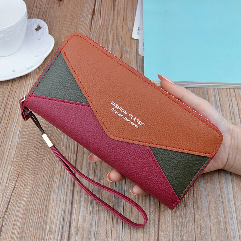 4-Colour Fashion Korean Patchwork PU Leather Wallet Female High Capacity Clutch Long Zipper Coin Purses Money Credit Card Holder