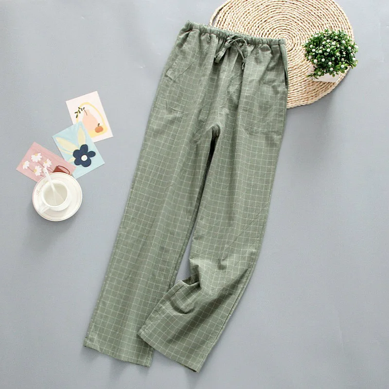 2022 Fall Women Simple Style Sleep Bottom Comfort Gauze Cotton Plaid Sleep Pants Ladies Loose Thin Elastic Waist  Homewear Pants