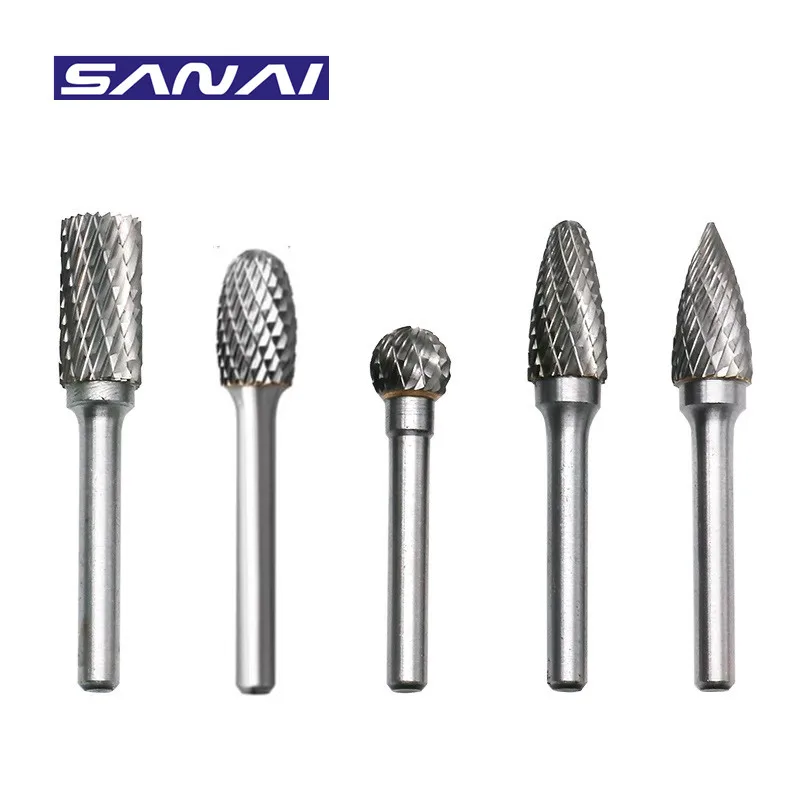 

SANAI 5PCS Tungsten Carbide 6mm Shank Rotary Burr Drill Bit Wood Grinding Burr Double Cut 12mm Dremel Tools Electric Grinding