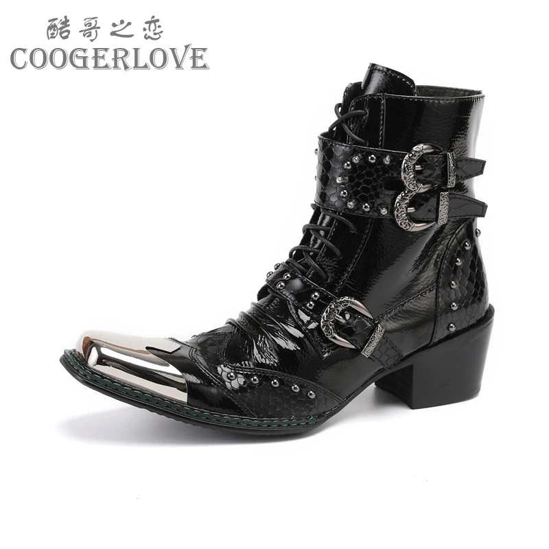 Spring Man Metal Fangtou Belt High-heeled Short boots Western Cowboy Boots Cowhide Serpentine Printing Stage show Party boots