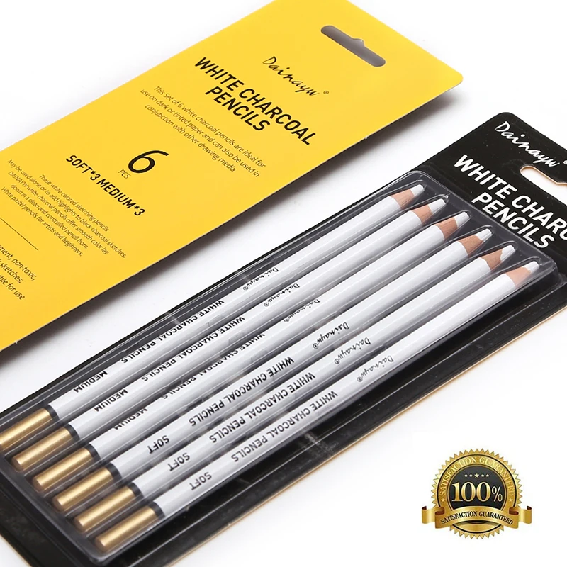 Dainayw White Charcoal Pencils Drawing Set, 6 Pcs Smooth Soft & Medium Sketching Pencil for Highlighting Art Supplies