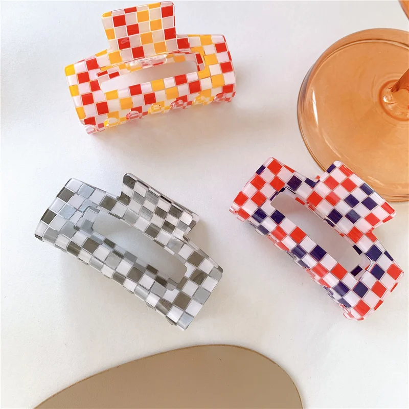 Grote Acryl Haar Klauw Rechthoek Geruite Mozaïek Plaid Grid Hairclips Vrouwen Haar Accessoires Hoofddeksels Ins Krab Klemmen Hairgrip