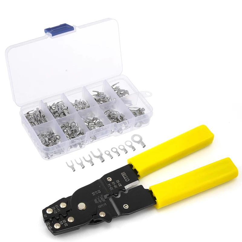 Stripping Multifunctional Crimping Pliers Cutter Non-Insulated Ring Terminals&Fork Connector Kit,Wire Lugs Battery Cable Cutter