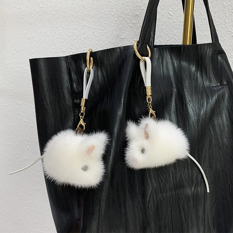 100% Real Mink Fur keychain little mouse HandBag Charm ornaments Plush Toys Doll Car Key rings Metal leather Strap Ring Pendant