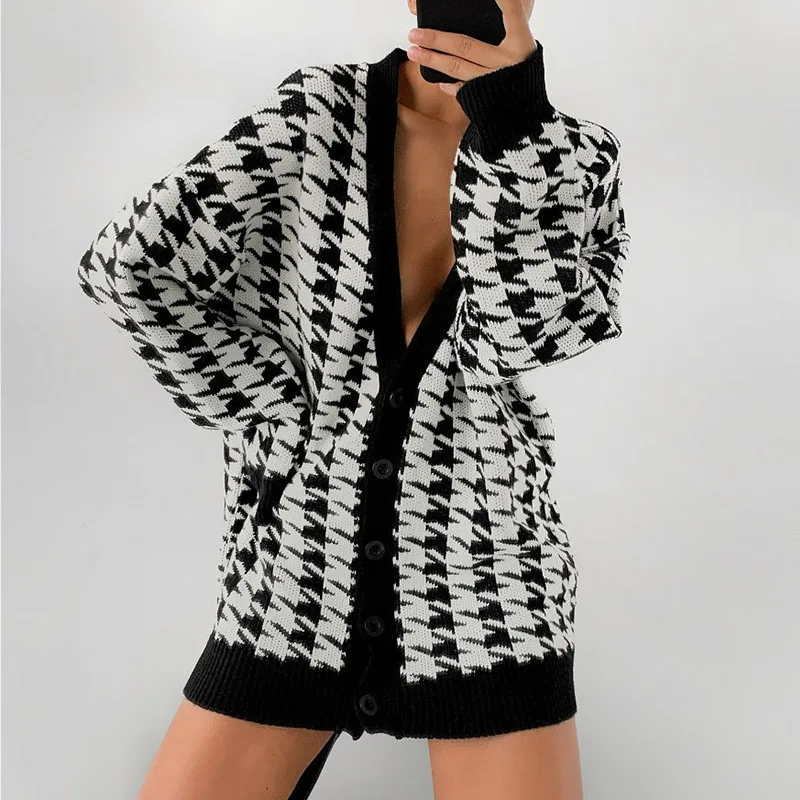 GACVGA 2021 Autumn Winter Houndstooth Cardigan Women Oversized Long Sleeve Knitted Black Loose Casual Sweater Fashion Streetwear