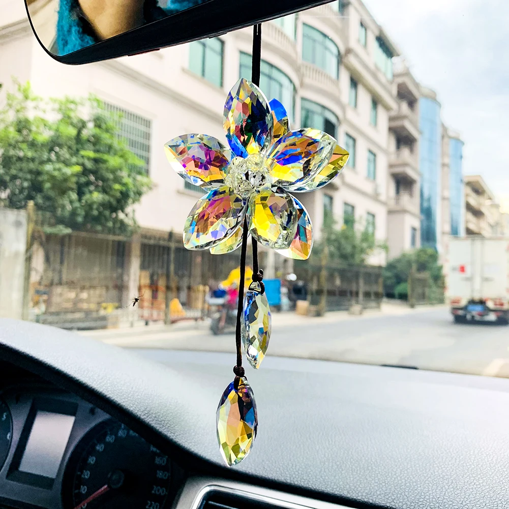 Car Hanging Ornament Rearview Mirror Hanging Ornaments Crystal 3D Flower Car Pendant Lucky Auto Interior Decoration Accessories