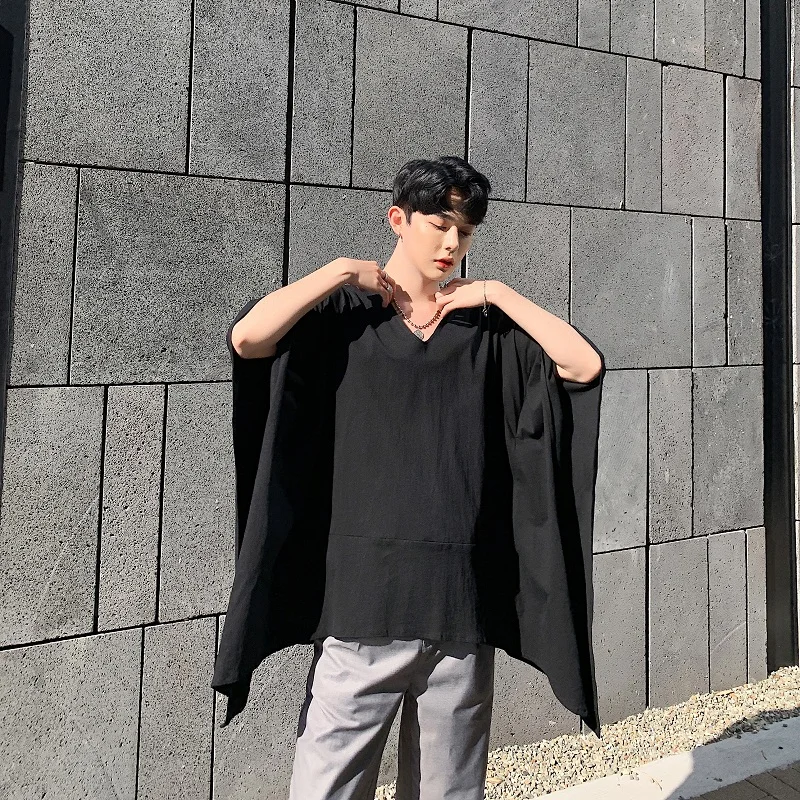 

Men's T shirt Spring/Summer short sleeved oversized loose T shirt Men's irregular cape jumper stage costume large size