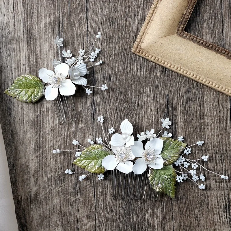 White Blossom Hair Comb Bridal Pins Green Leaf Women Headpiece Wedding Hair Accessories Bobby Pins