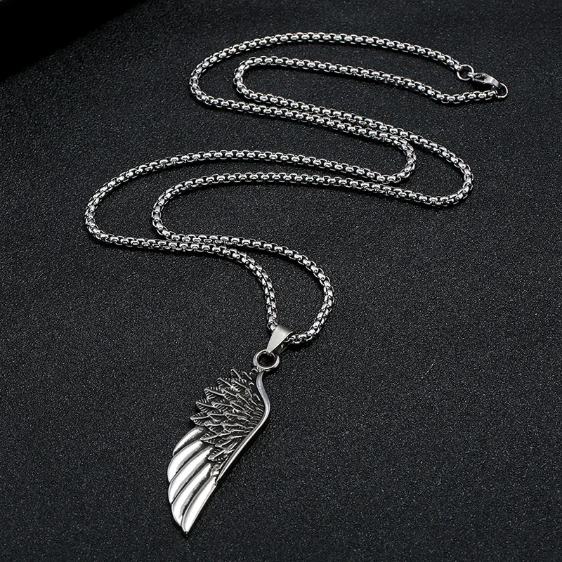 Personality Men\'s Women\'s Jewelry Vintage Cross Angel Wing Pendant Necklace  Long Stainless Steel Necklace Charms