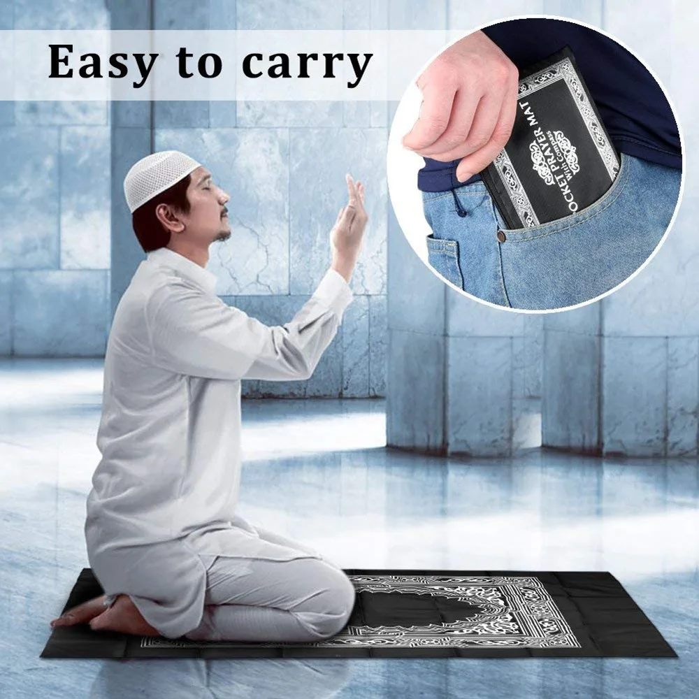 60*100cm Portable Travel Prayer Mat with Compass Qibla Finder Polyester Prayer Rug Portable Islamic Gift for Muslim