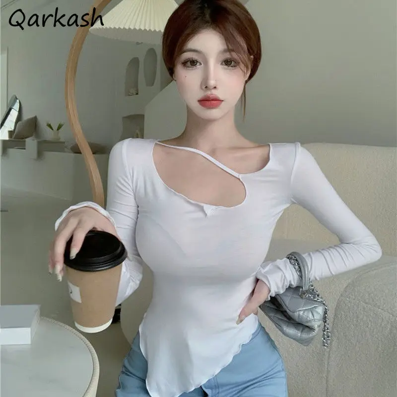 Long Sleeve T-shirts Women Skinny Spring Solid Asymmetrical 4 Colors Design Harajuku Stylish Ladies Ulzzang All-match Clothing