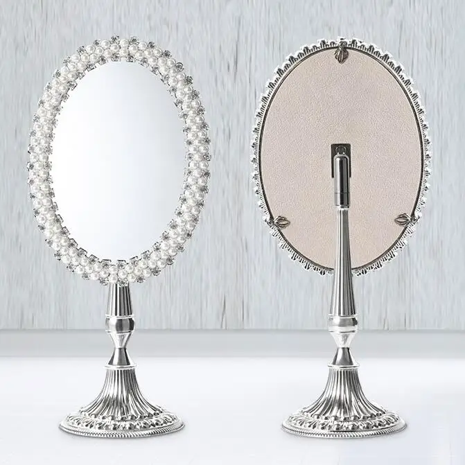 European oval sliver color single metal crystal pearl makeup mirror.Desktop decorative mirror, wedding decoration mirror HZJ004