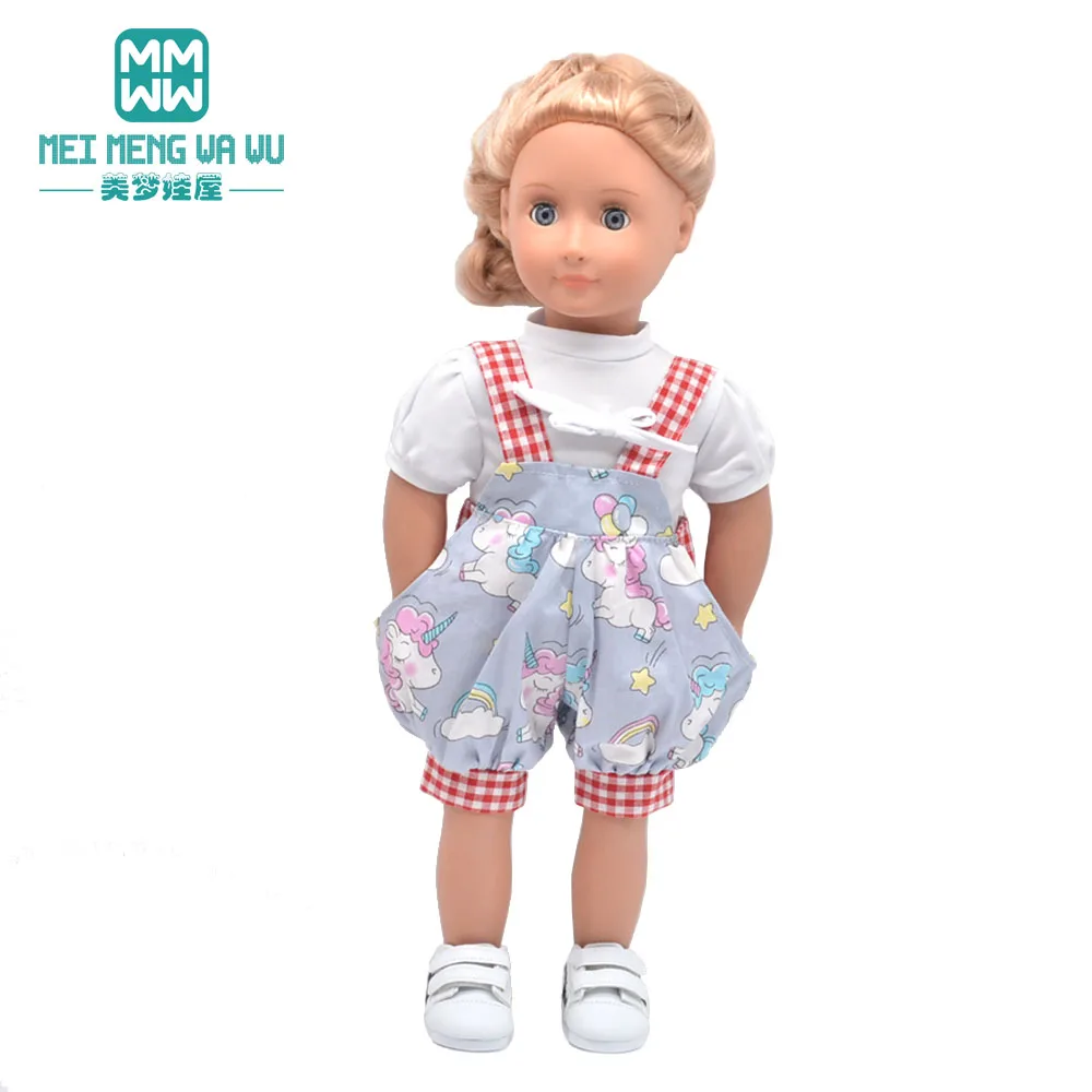 

Clothes for doll fits 45cm American Doll Fashion suspender suit, denim shorts, dress Girl's gift