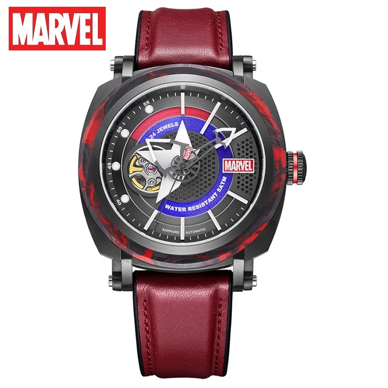 

Disney Marvel Official Mens Skeleton Hollow Out Casual Sport Automatic Wristwatches The Avengers Carbon Fibre Sapphire Crystal