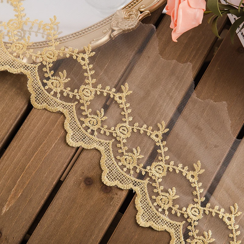 golden lace fabric embroidery floral 14cm wide mesh lace trim for handmade DIY material needlework sewing accessories crafts