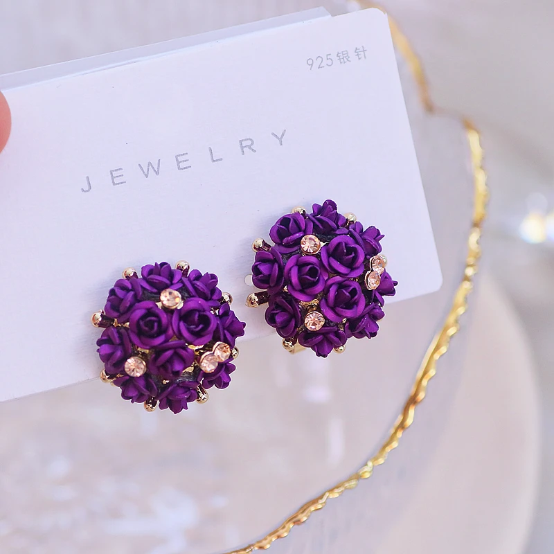 Romantic Sweet Colorful Rose Flowers Stud Earrings for Women Elegant Luxury Crystal Earrings Female Wedding Party Jewelry Gifts
