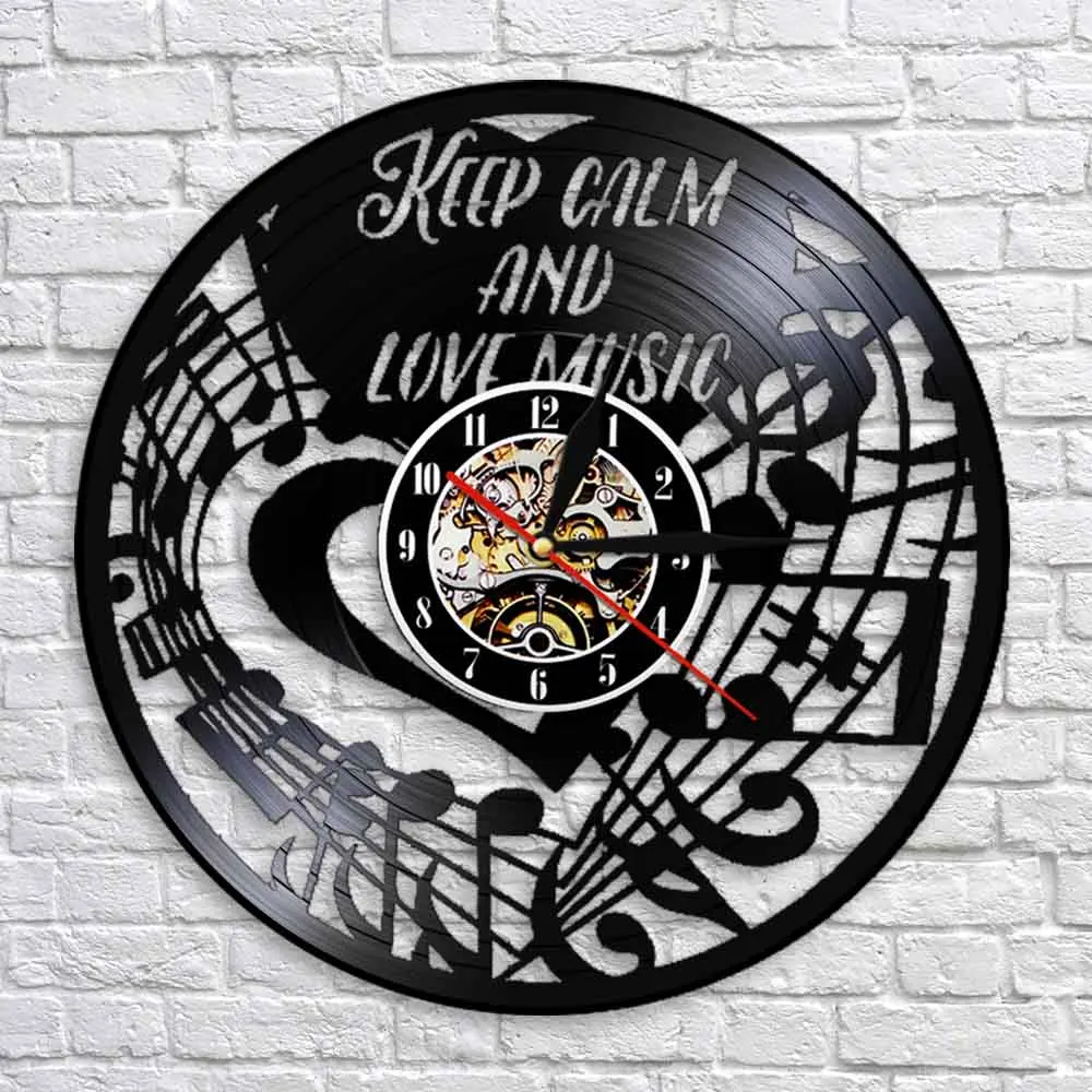 Keep Calm And Love Music Wall Clock Musical Notes Decoartive Vinyl Record Hanging Handmade 3D Watches Wall Hmoe Decor For Room