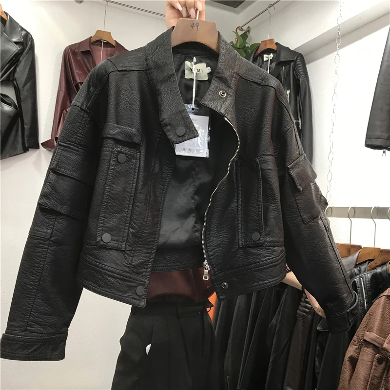 Short Faux PU leather jacket Women\'s Autumn Fashion Big pocket Slim Motorcycle leather jacket Streetwear Female Jaqueta de couro