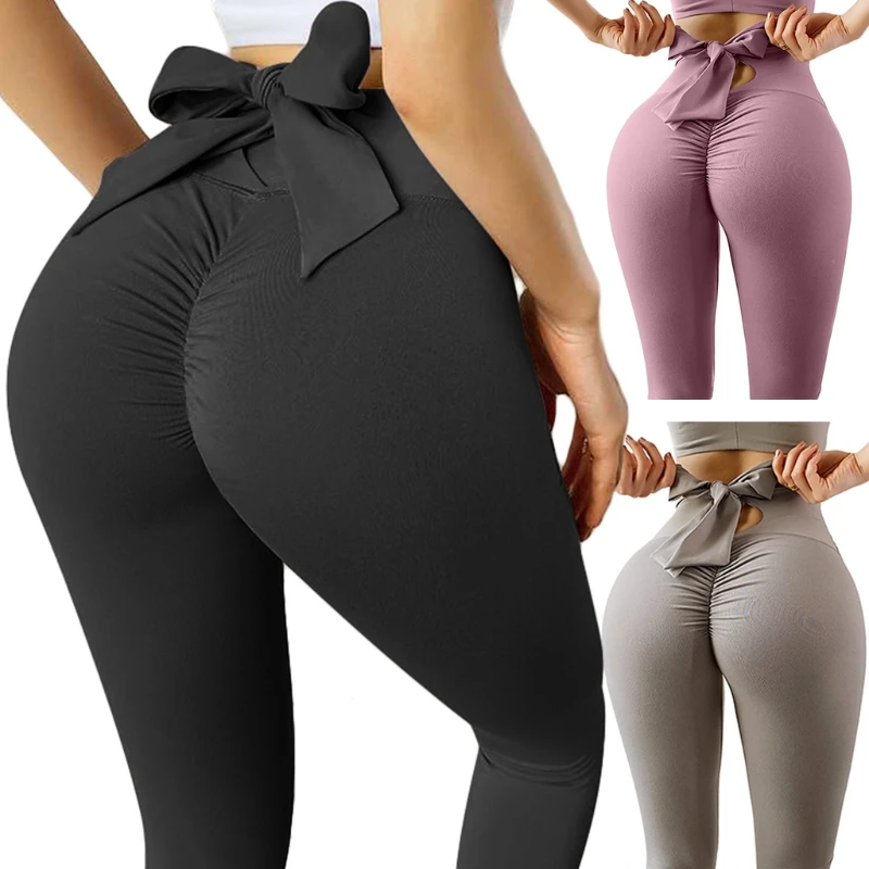 Women Solid Color Gym Legging High Waist Yoga Trouser Bandage Bow Tie Activewear