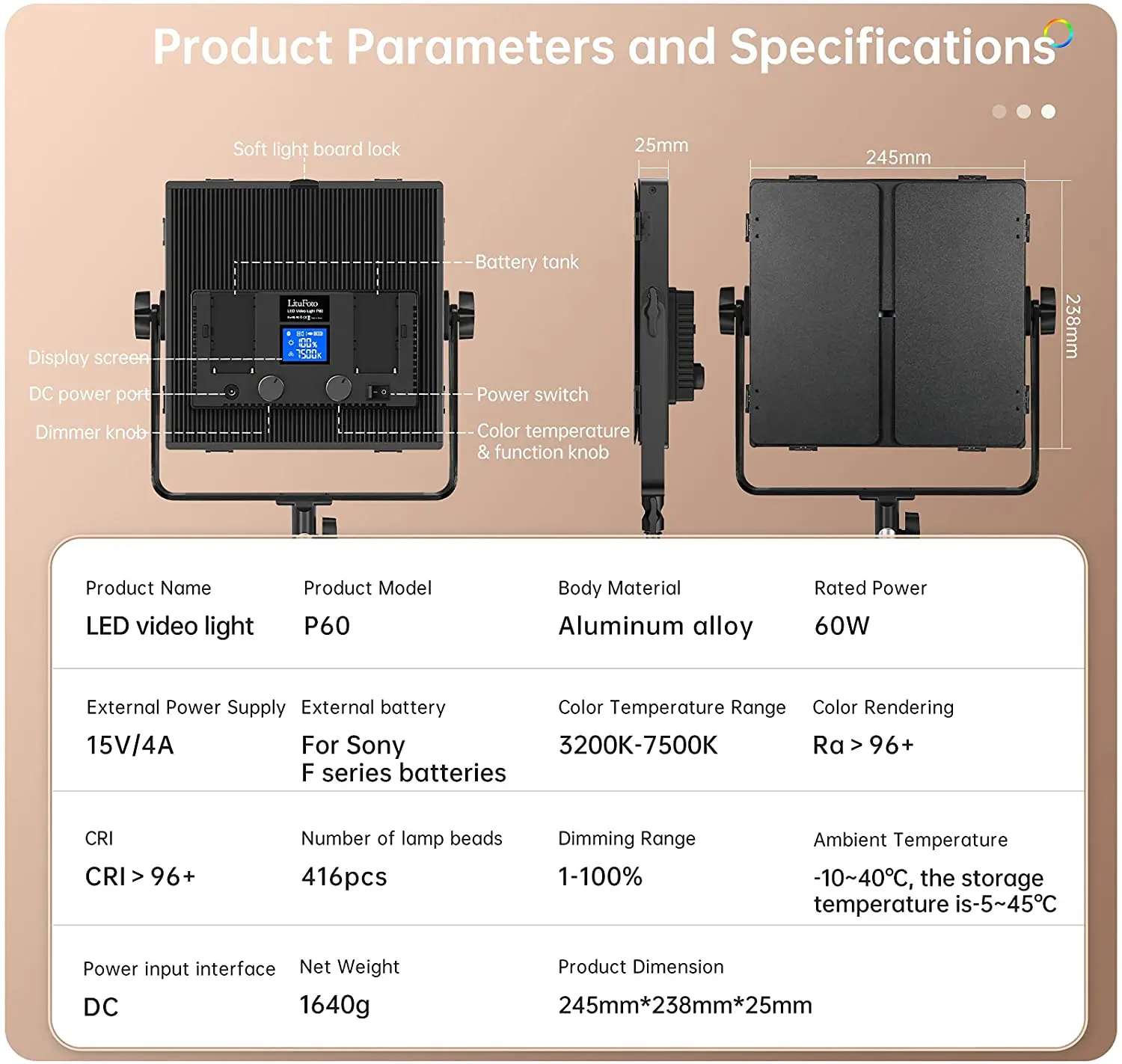 P60 3 Pack LED Video Lighting Kits with APP Control, Bi-Color Variable 3200K~7500K with Digital Display, Brightness of 1~100% fo