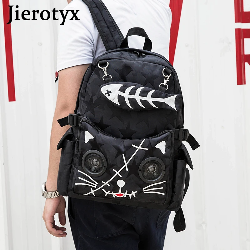 JIEROTYX Fish Bone Backpack For Women Gothic Bags Cat Print Backpack Students Canvas Bag Women Rusksack Speaker Bluetooth Bag