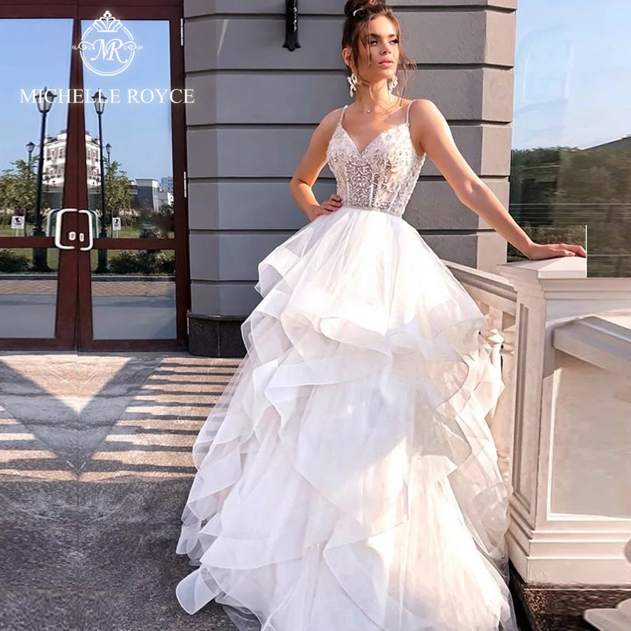 Michelle Royce Sweetheart A-line Wedding Dresses 2022 Spaghetti Straps Cut-out Button Chapel Train Wedding Gown Vestido De Novia