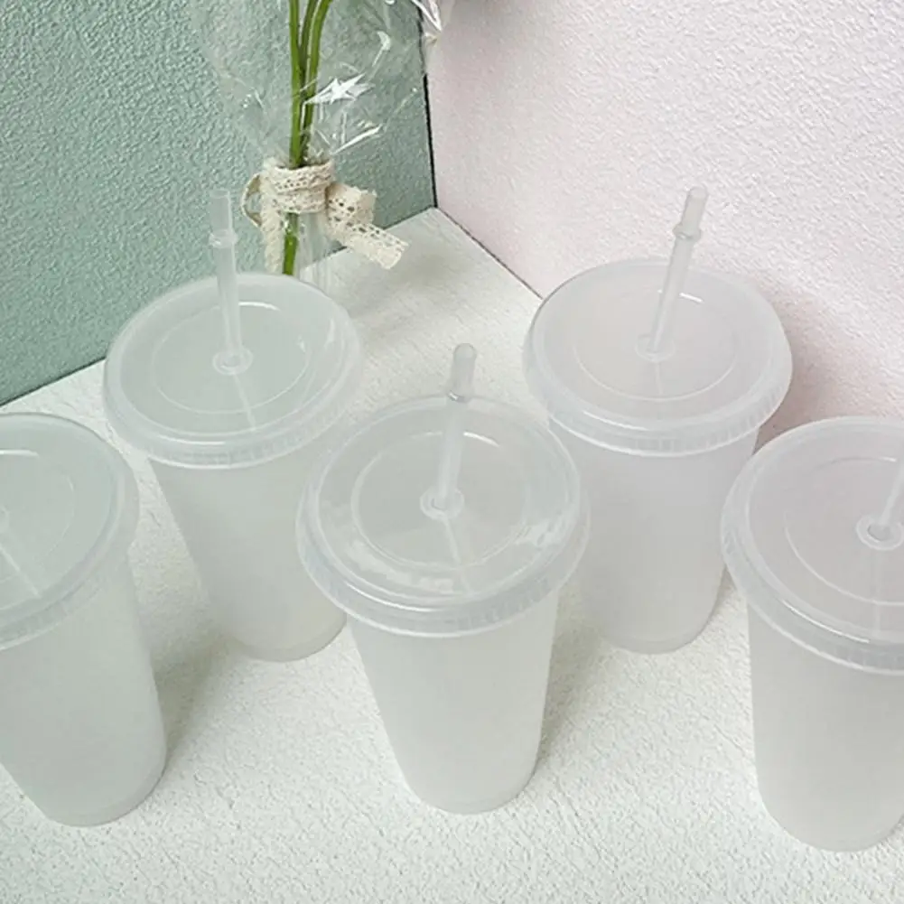 5Pcs 500ml/700ml Transparent Water Cup Food Grade Water Jug Anti-deform Coffee Cup PP Water Straw Cup with Lid for Home