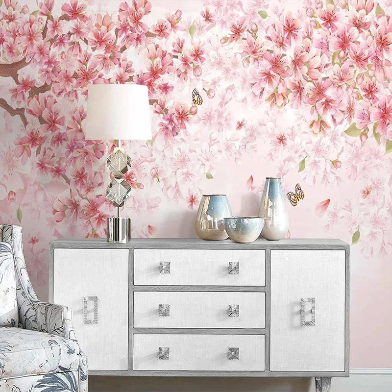 Custom 3D Mural Romantic Pastoral Hand Painted Butterfly Pink Flower Photo Wall Painting Children Room Bedroom Decor Wallpaper