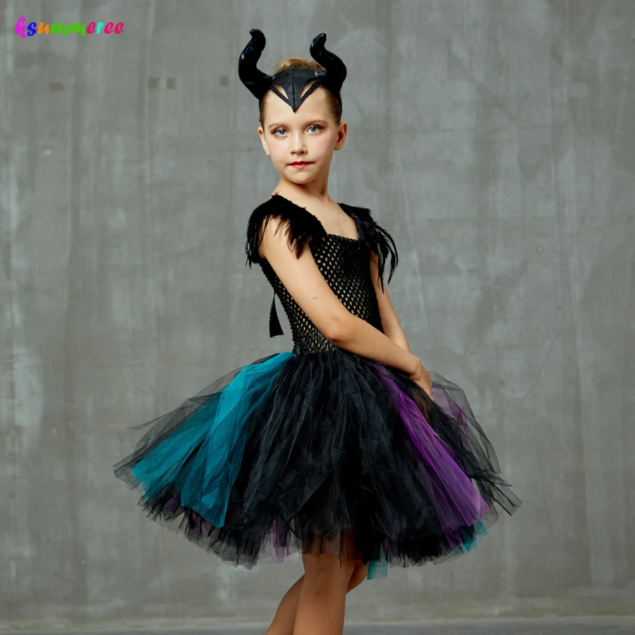 Little Devil Fancy Tutu Dress with Horns Girls Halloween Witch Cosplay Party Costume Feathers Embellished Tulle Dresses