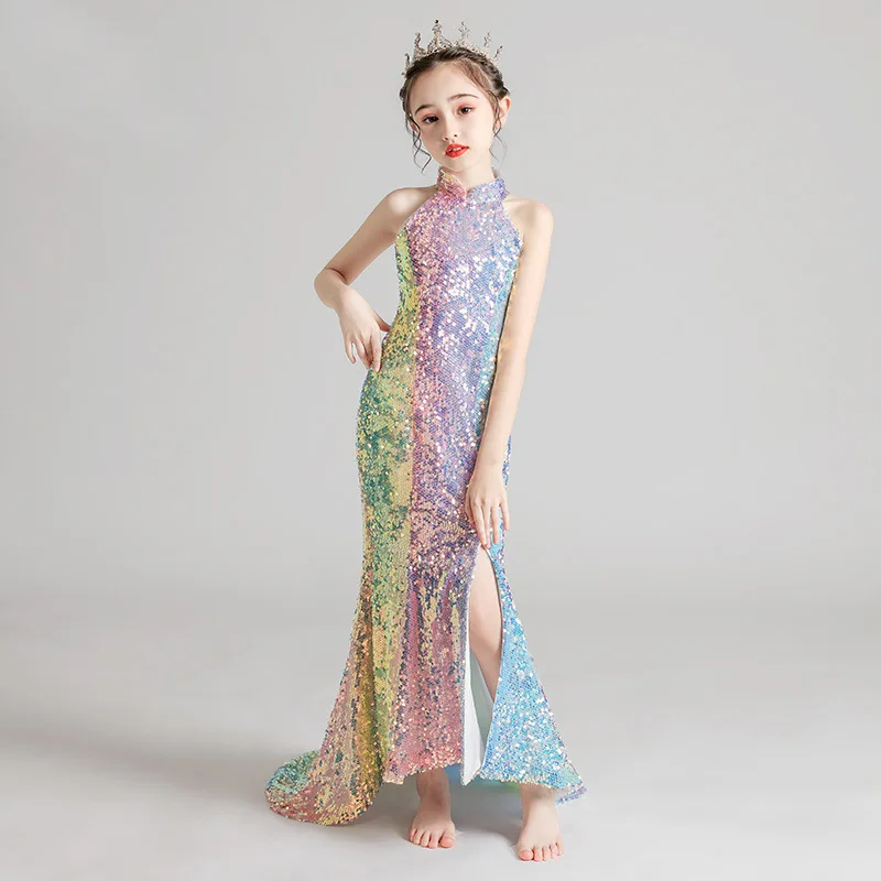 Children Evening Dress Girls Color Sequins Slim Small Trailing Mermaid Dresses Teens Catwalk Costume Girl Formal Dress Vestido